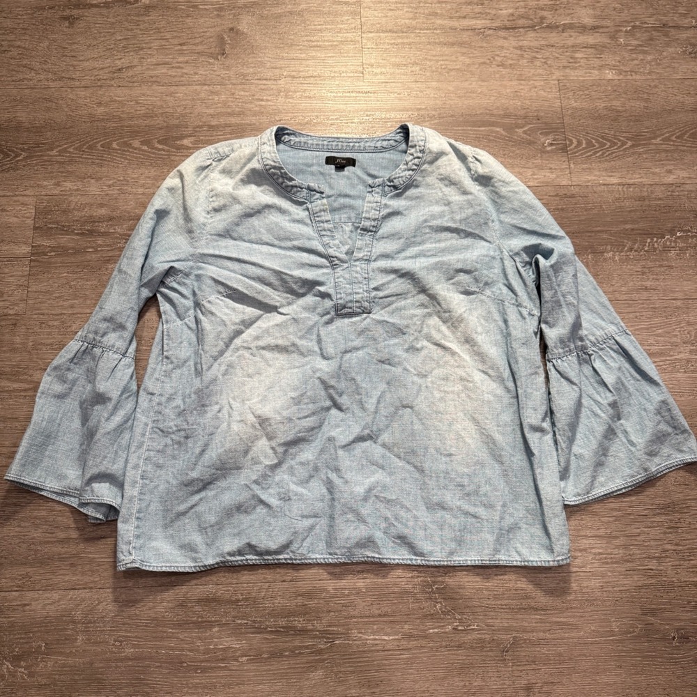 J Crew Shirt Womens XL Blue Chambray 100% Cotton Denim Bell Sleeve Boho Blouse